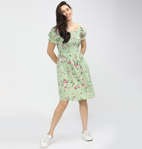 Green & Pink Floral A-Line Dress